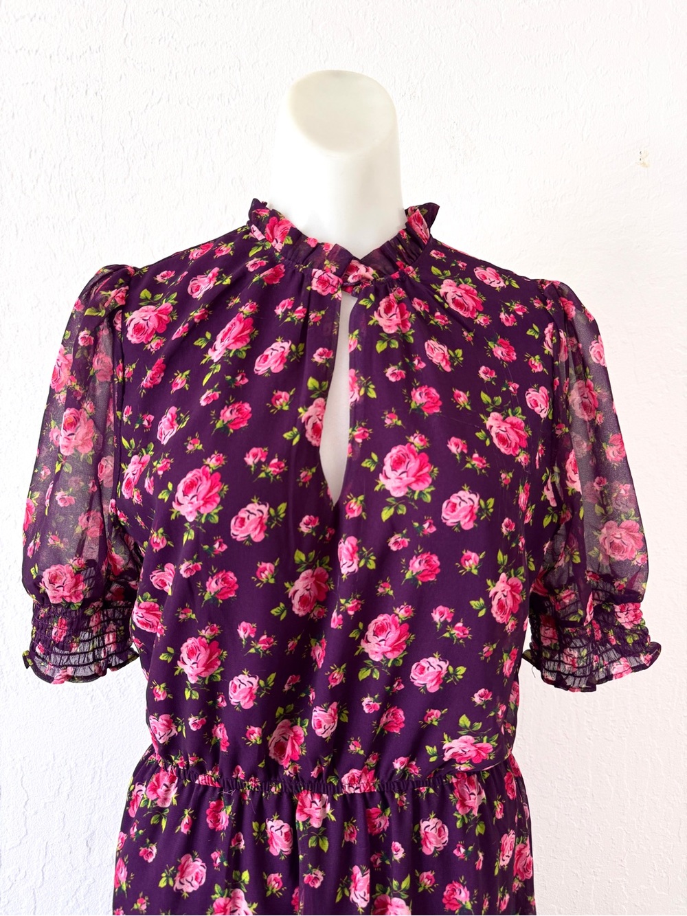 Betsey Johnson Floral Keyhole Midi Dress in Deep Purple with Pink Roses Small - Picture 3 of 11